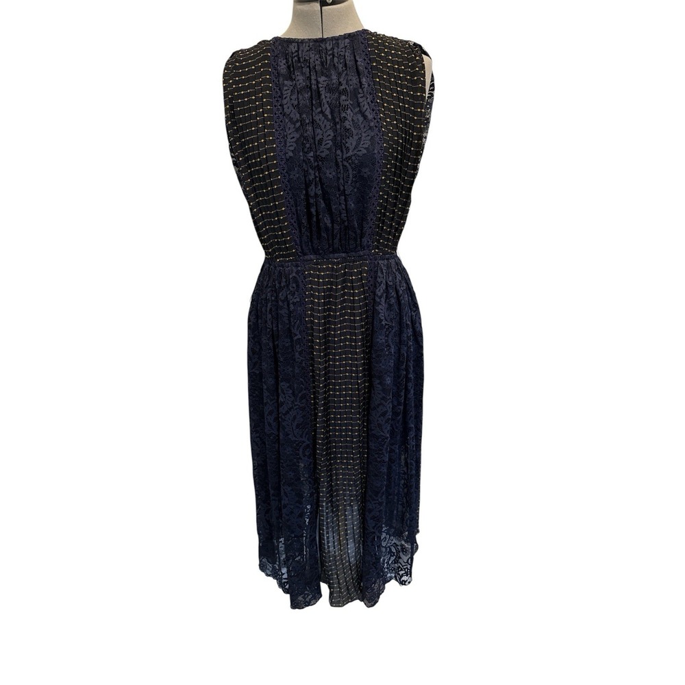 Anthropologie Foxiedox Kitterby Navy Blue Gold Sleeveless Midi Lace Dress S